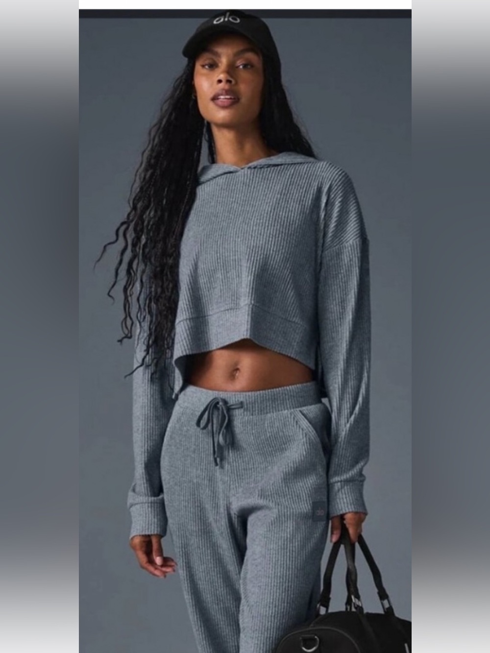 Alo Muse Lounge Set Grey Ribbed XS/S Hoodie and Sweatpants Yoga